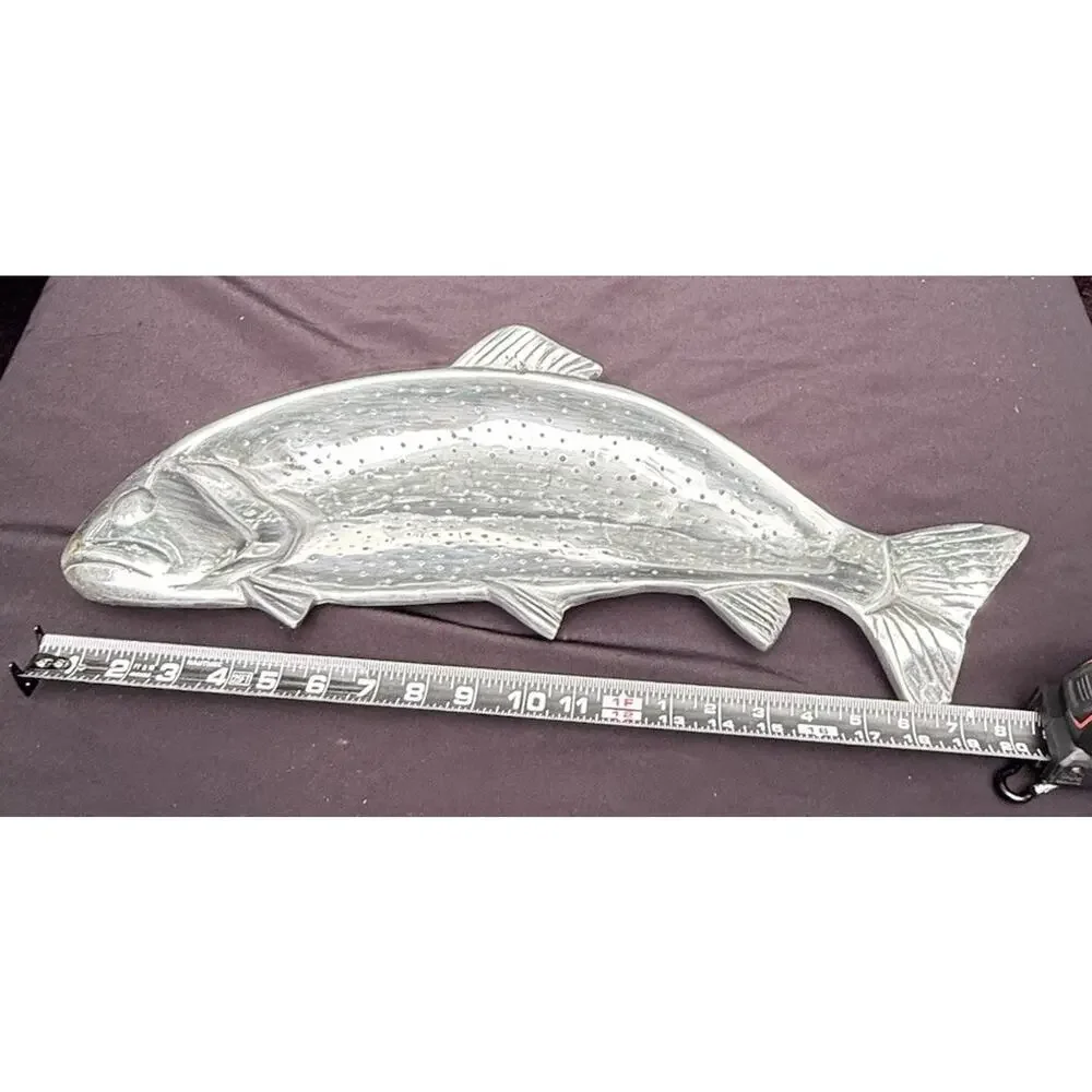 Vintage Cast Aluminum Silver Rainbow Trout Fish Shaped Serving Bowl Platter 21
